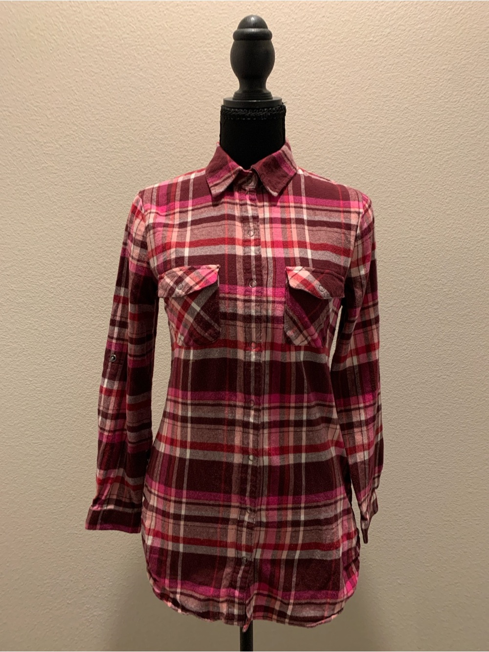 No Boundaries 100% Cotton Burgundy and Pink Plaid Button-Down Shirt (Size XS)